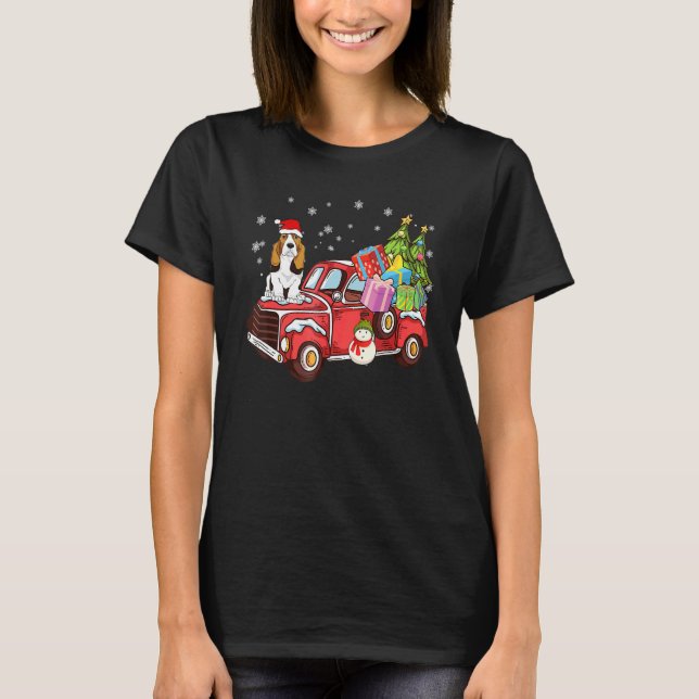 Camiseta Basset Hound Riding Red Truck Merry Christmas Dog (Anverso)