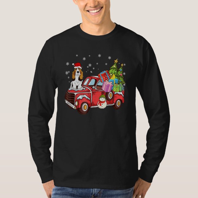 Camiseta Basset Hound Riding Red Truck Merry Christmas Dog (Anverso)