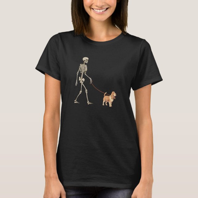 Camiseta Basset Hound Skeleton Dog Walking Halloween Dog (Anverso)