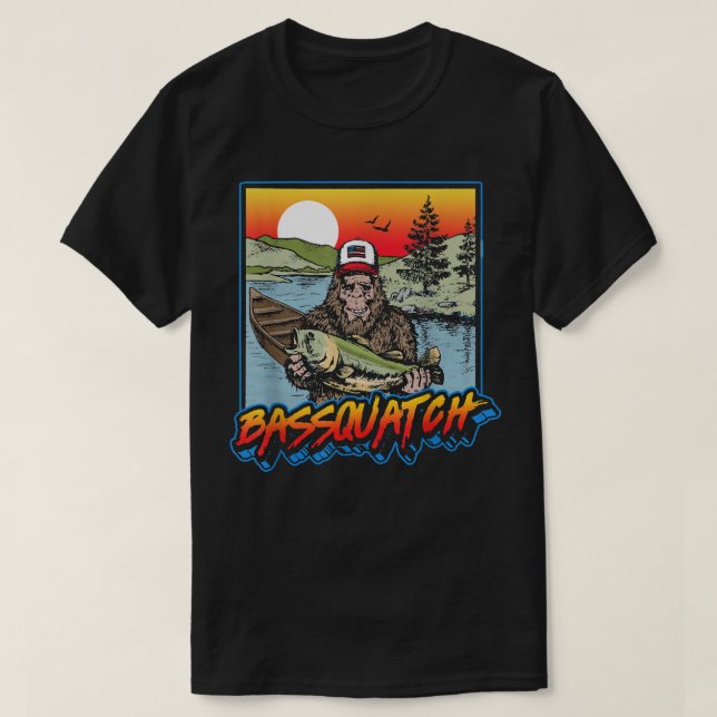 Camiseta Bassquatch Funny Bass Pescador Sasquatch Retro 80  (Diseño del anverso)