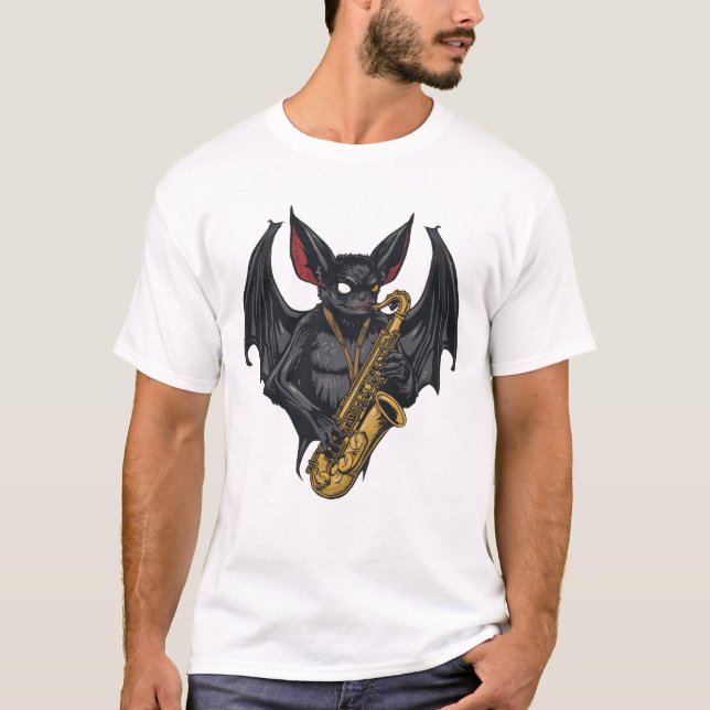 Camiseta Batalla de saxofón: Vibes de jazz en arte oscuro (Anverso)