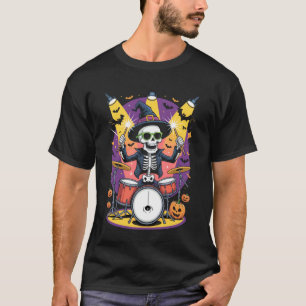 Camiseta Baterista Esqueleto Diseño Divertido de Halloween