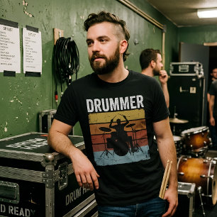 Camiseta Baterista Retro Atardecer Músico Kit de Batería