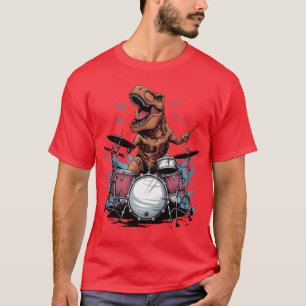 Camiseta Baterista Tocando Músico Dino Dinosaurio Banda ami