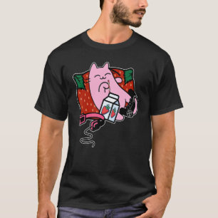 Camiseta Batido de Fresa Leche de Fresa Gato Rosa