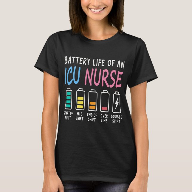 Camiseta Battery life of an ICU nurse humor chart (Anverso)