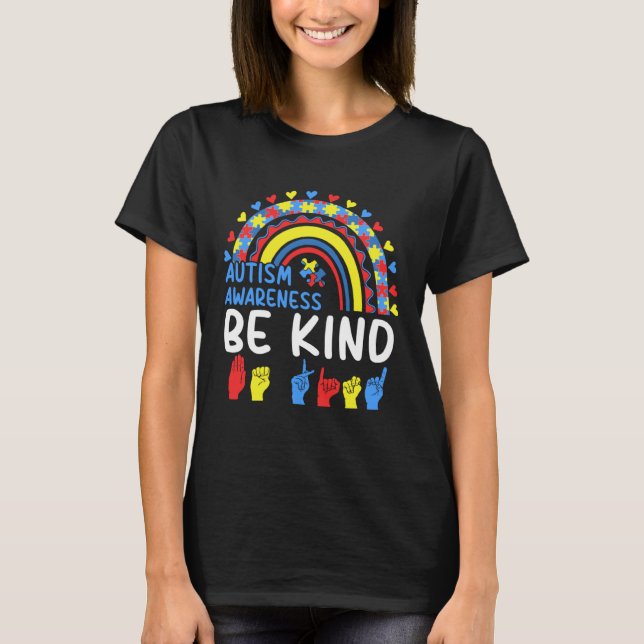 Camiseta Be Kind Hand Sign Rainbow Autism Awareness Month F (Anverso)