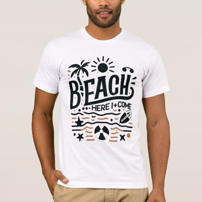 Camiseta Beach Here I Come Sunny Palm Tree & Surf Vibe (Anverso)