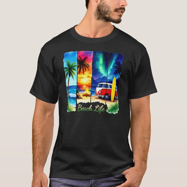 Camiseta Beach Life Retro Surf Van Sunset Tropical Vibes (Anverso)