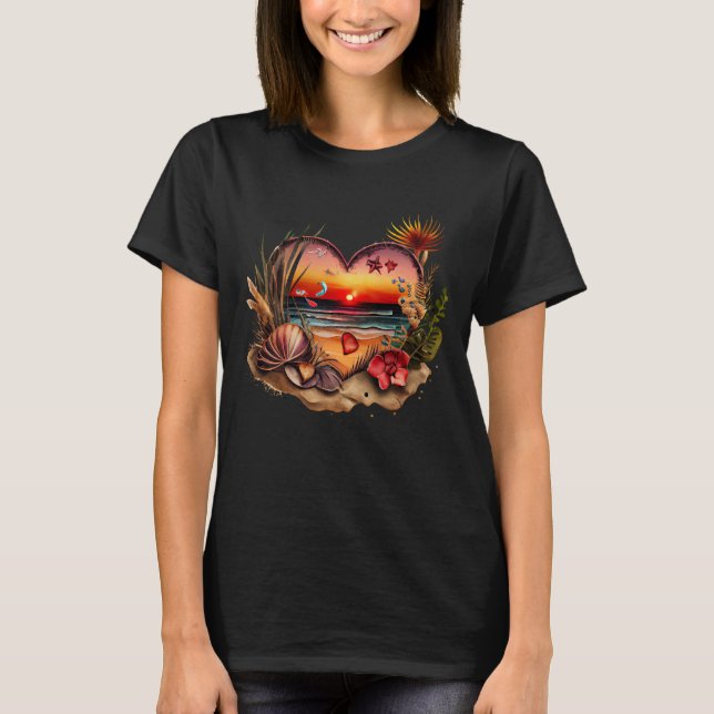 Camiseta Beach Lover Sunset Seashells Flores de forma de co (Anverso)