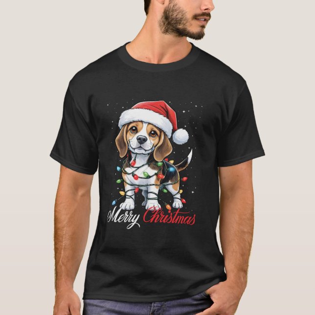 Camiseta Beagle Dog Merry Christmas Luces Santa Hat Xmas S (Anverso)