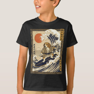 Camiseta Beagle surf japonés kanagawa ola divertido samurái