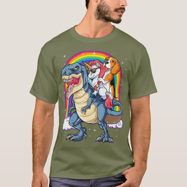 Camiseta Beagle Unicorn Riding Dinosaur T rex Chicas Niños (Anverso)