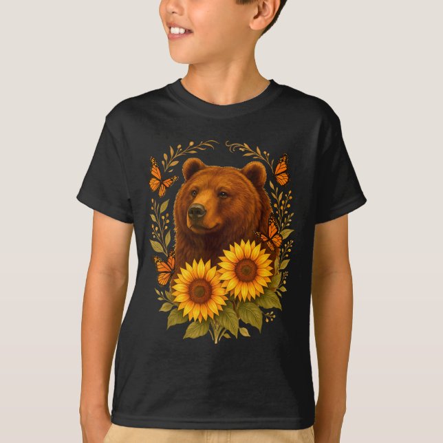 Camiseta Bear Butterfly Nature Rustic Sunflower Monarch Art (Anverso)