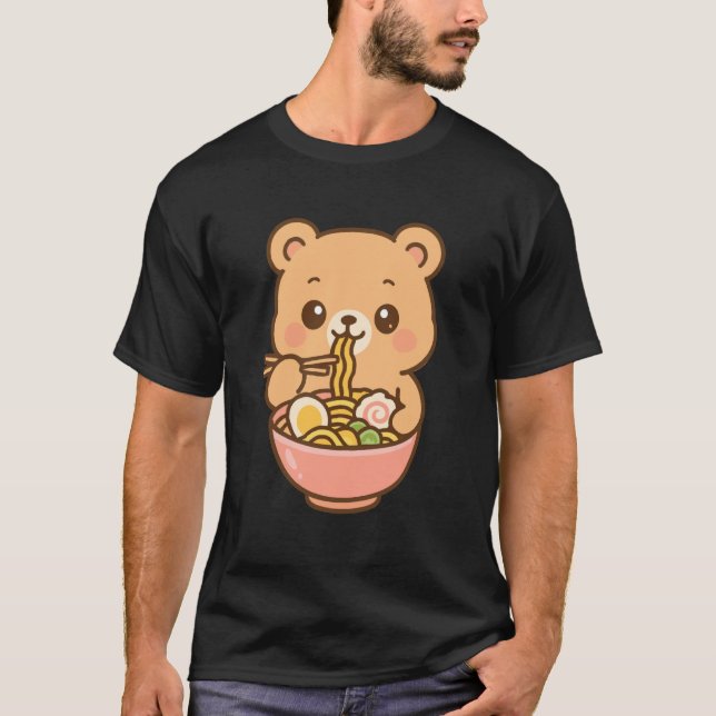 Camiseta Bear Eating Ramen Noodles Kawaii Cute Funny   1 (Anverso)