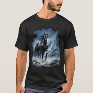 Camiseta Beautiful black Horse running through the snow