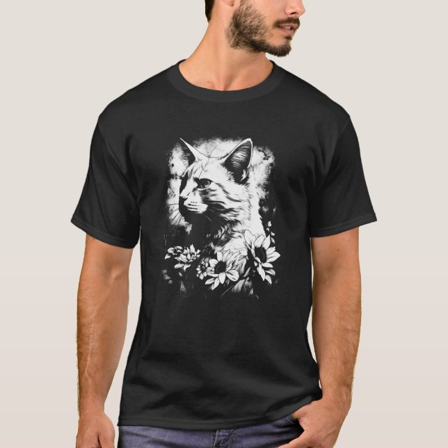 Camiseta beautiful cat and sunflower silhouette portrait  w (Anverso)