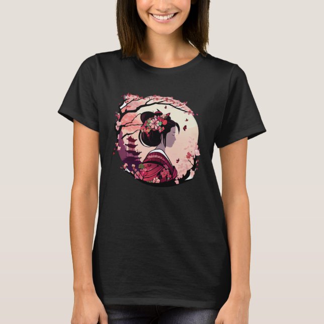 Camiseta Beautiful geisha lady cherry blossom flowers pagod (Anverso)