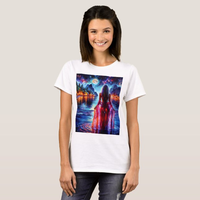 Camiseta Beautiful girl watching glowing night water (Anverso completo)