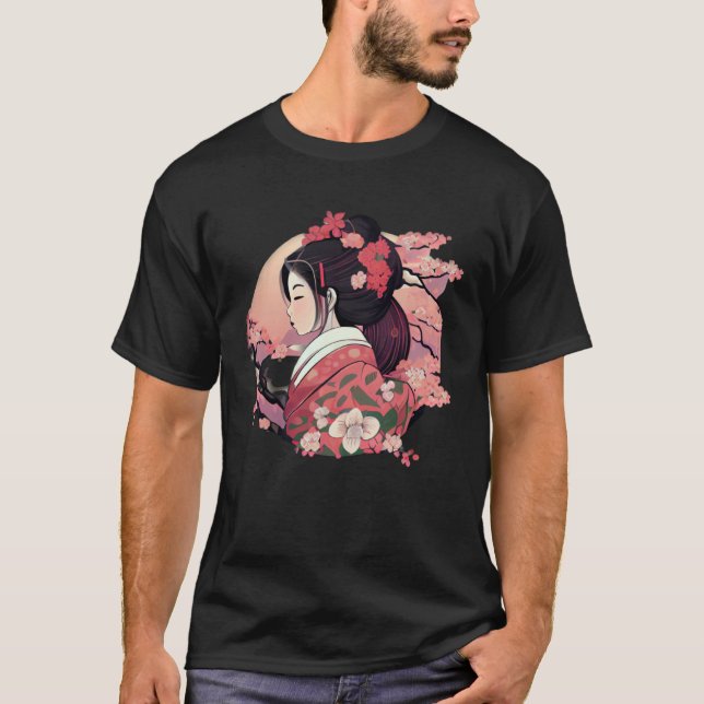 Camiseta Beautiful Japanese Geisha lady with blossom flower (Anverso)
