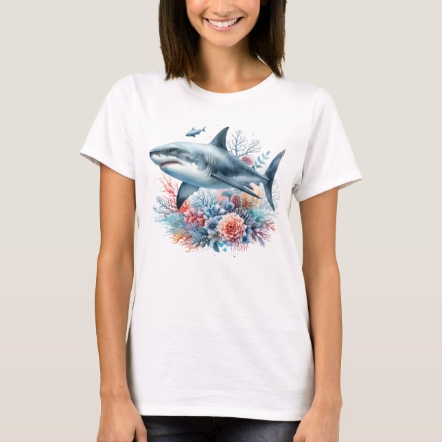 CAMISETA BEAUTIFUL SHARK IN OCEAN WITH FISH AND CORAL  (Anverso)