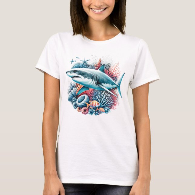 CAMISETA BEAUTIFUL SHARK IN OCEAN WITH FISH AND CORAL  (Anverso)