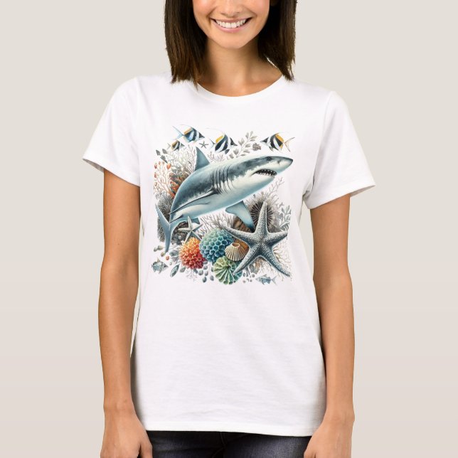 CAMISETA BEAUTIFUL SHARK IN OCEAN WITH FISH AND CORAL  (Anverso)