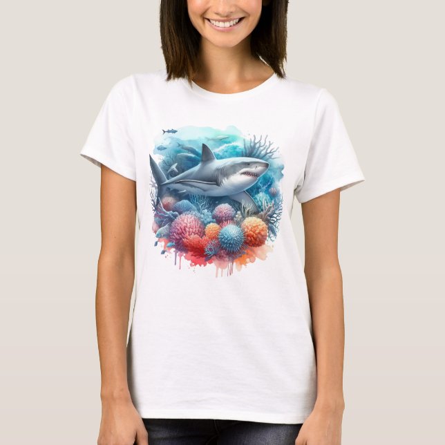 CAMISETA BEAUTIFUL SHARK IN OCEAN WITH FISH AND CORAL  (Anverso)