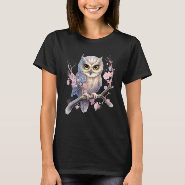 Camiseta Beautiful Snowy Owl Tree Branch Flowers 1 (Anverso)