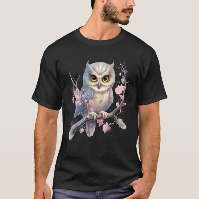 Camiseta Beautiful Snowy Owl Tree Branch Flowers 1 (Anverso)