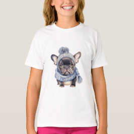 Camiseta Bebé Bulldog de Invierno en Gorra y Bufanda Azul