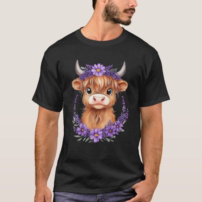 Camiseta Bebé de vaca Highland en Escocia con flores morada (Anverso)