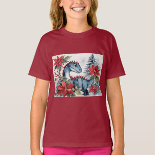 Camiseta Bebé dinosaurio adorable de Navidad y poinsettias