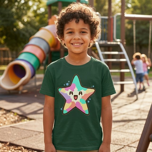 Camiseta Bebé Estrella de Mar Sonriente Kawaii con Burbujas (Cute Smiling Kawaii Baby Starfish with Bubbles. Boy Basic Green T-Shirt)