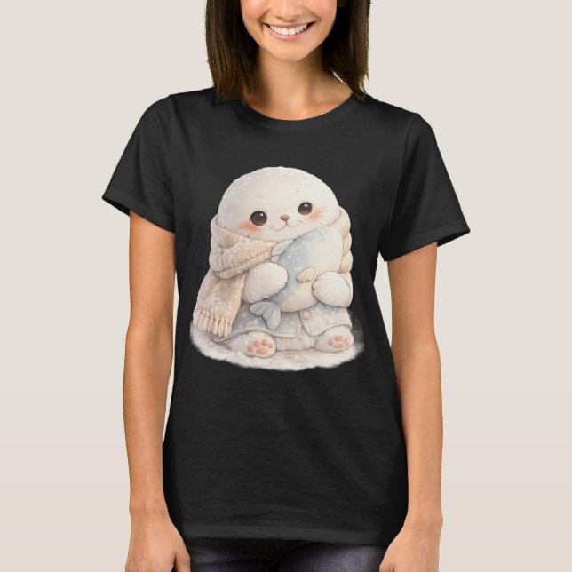 Camiseta Bebé foca adorable que lleva una bufanda y abraza  (Anverso)