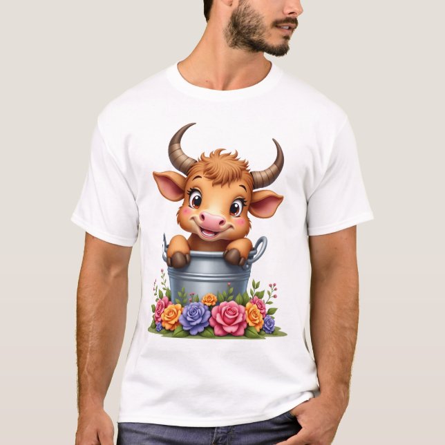 Camiseta Bebé lindo de vaca de las Highlands con flores Ter (Anverso)