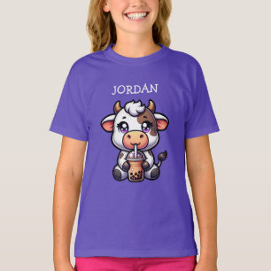 Camiseta Bebé lindo vaca bebiendo Boba Kawaii Personalizado