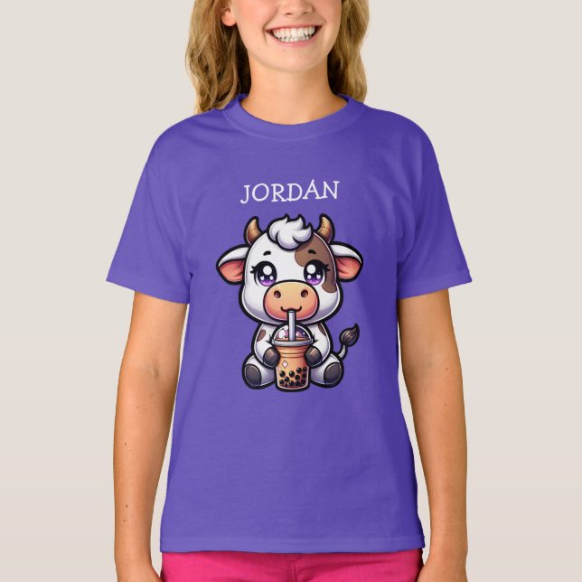 Camiseta Bebé lindo vaca bebiendo Boba Kawaii Personalizado (Anverso)