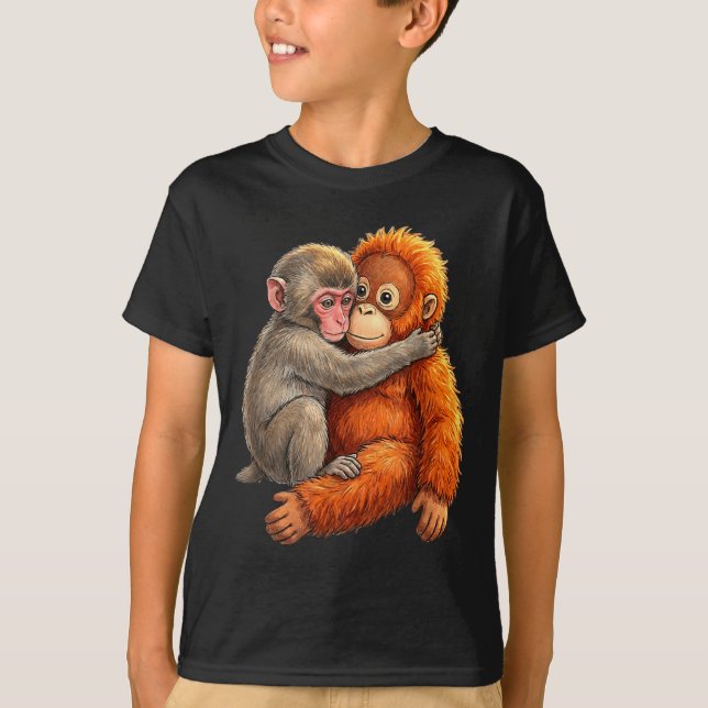 Camiseta Bebé macaco abrazando mono lindo mono de peluche (Anverso)