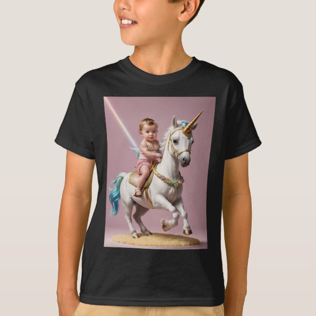 Camiseta Bebé montando un unicornio (Anverso)