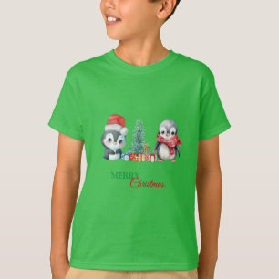 Camiseta Bebé Pingüino Santa Red Verde Feliz Fiesta de Navi