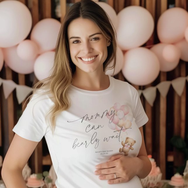 Camiseta Bebé rosado espera, mami para ser nena ducha (Pink, Mommy can bearly wait, Baby Girl shower mom-to-be t-shirt)