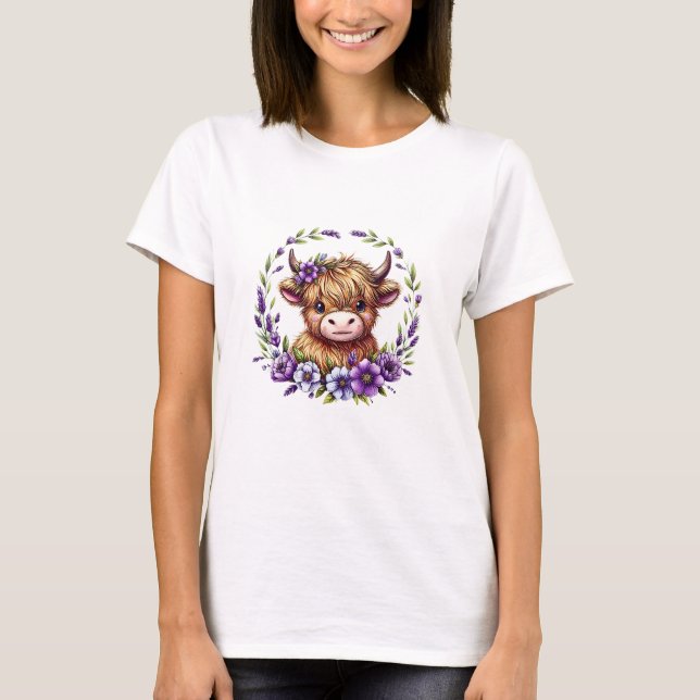 Camiseta Bebé Vaca Highland Con Flores Púrpuras Escocia Lej (Anverso)
