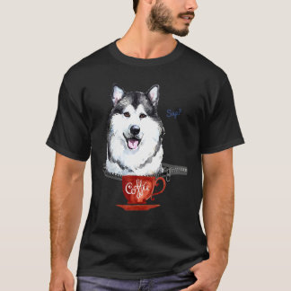 Camiseta Beber café con Alaskan Malamute