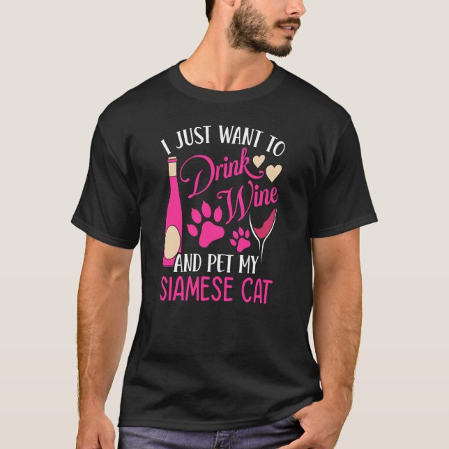 Camiseta Beber vino y Mascota mi humor de gato siamés (Anverso)