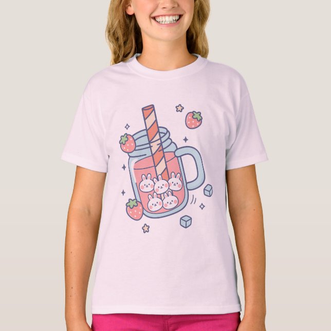 Camiseta Bebida de Fresa Kawaii Bunny (Anverso)
