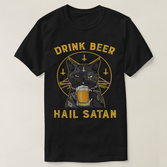 Camiseta Bebida de gato negra de cerveza Hail Satan Spooky  (Diseño del anverso)