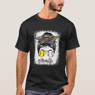 Camiseta Béisbol Softball Mom Life Messy Bun Tie Dye Bleac
