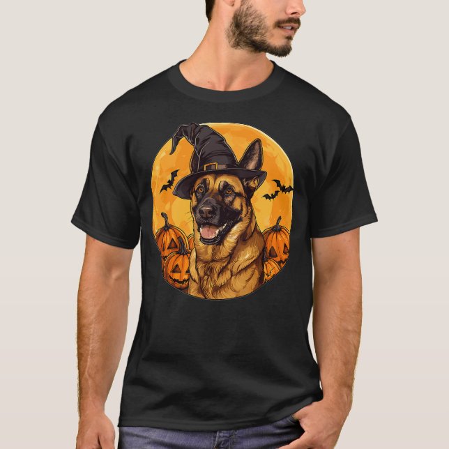 Camiseta Belgian Malinois Dog Whitch Hat Halloween Pumpkin  (Anverso)