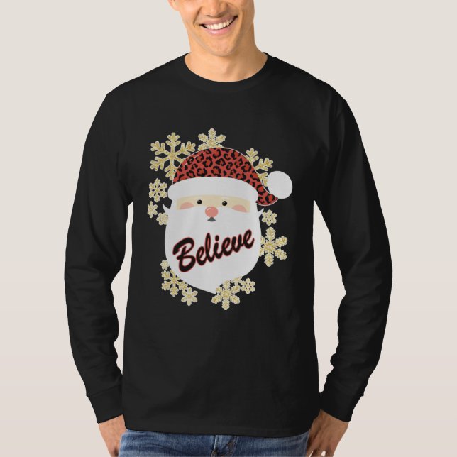 Camiseta Believe Christmas Santa Hat Leopard Snowflake Grap (Anverso)